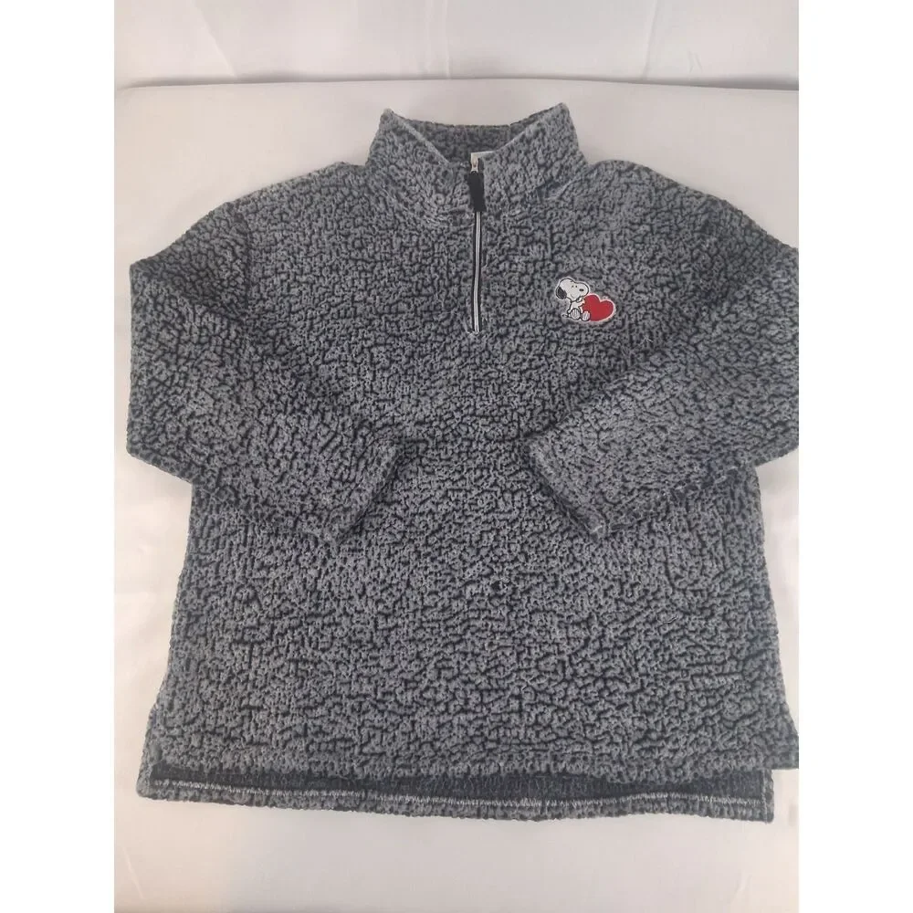 Peanuts Snoopy Women’s XL Gray Sherpa Fleece Quarter Zip Pullover Red Heart